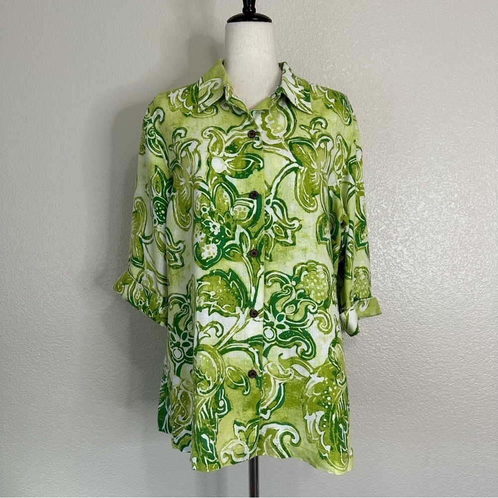 Chico’s 100% Linen Green Tropical Floral 3/4 Sleeves Button Down Shirt, Sz Large